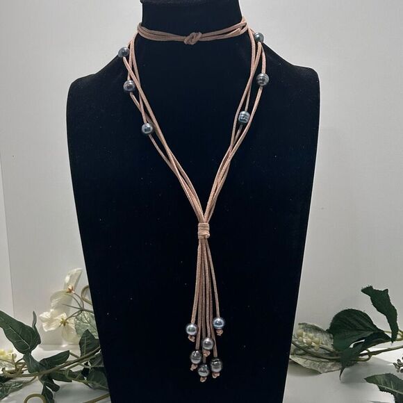 Peacock Genuine Pearls Leather Cord Y Long Necklace Womens 28" Tan Gray 3-strand - Picture 1 of 12
